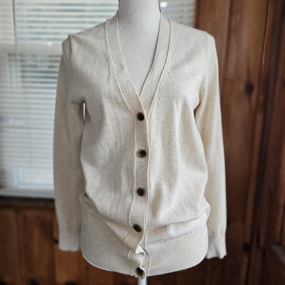J Crew V neck button front grandpa cardigan sweater beige wool cashmere small